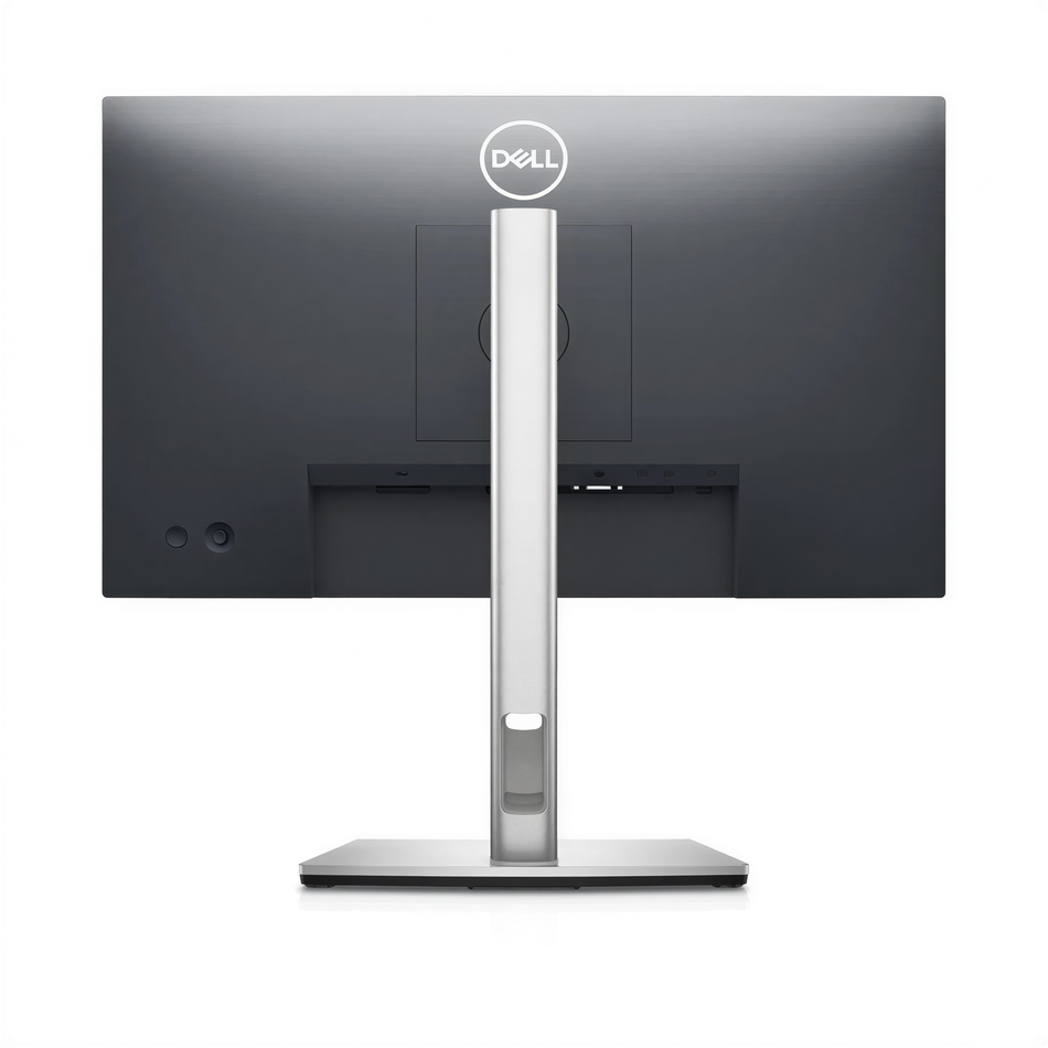 the back of a Dell computer monitor, featuring a sleek and modern design with a silver stand and a black screen.