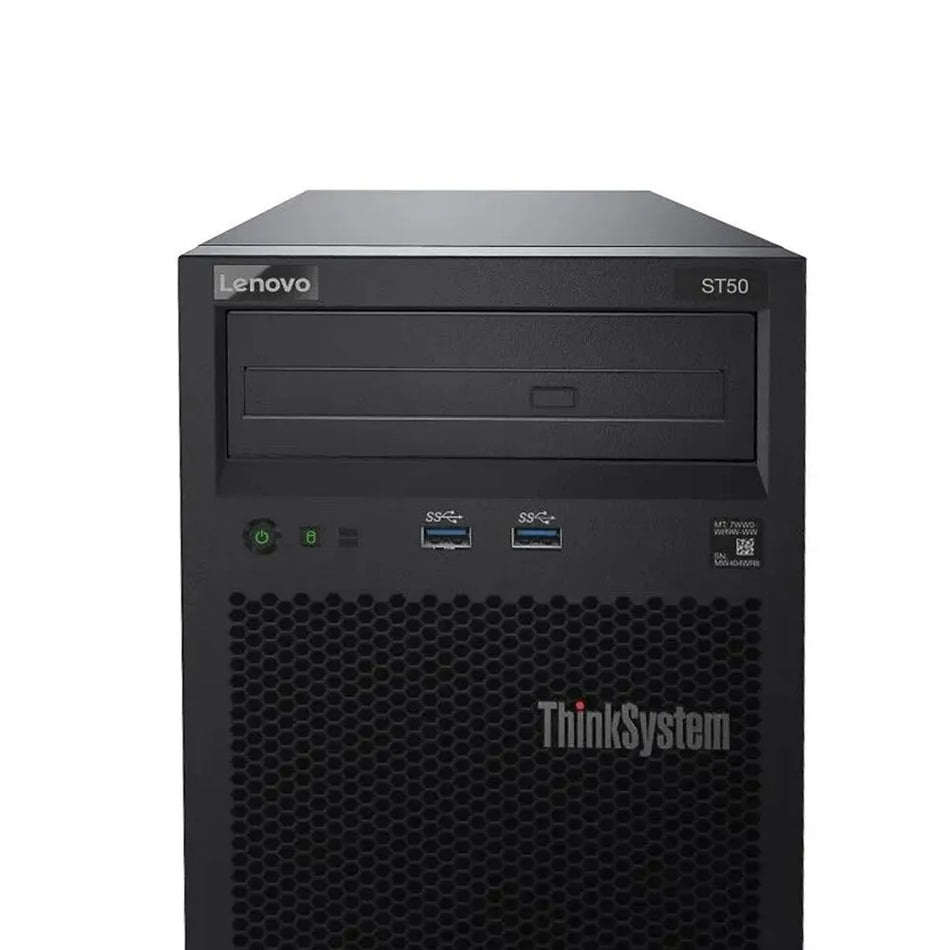 a Lenovo ST50 desktop computer tower, which is a black and silver model with a textured front panel.