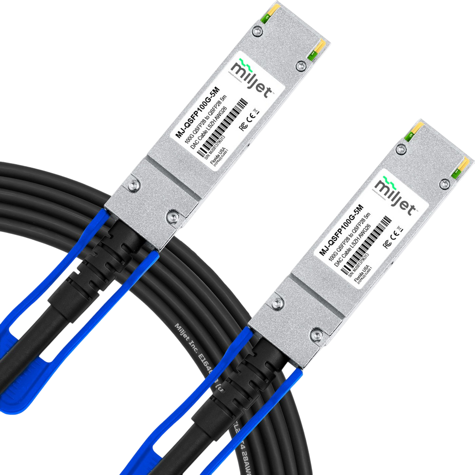 two silver fiber optic cables with blue connectors, arranged in a way that they appear to be connected or intertwined.