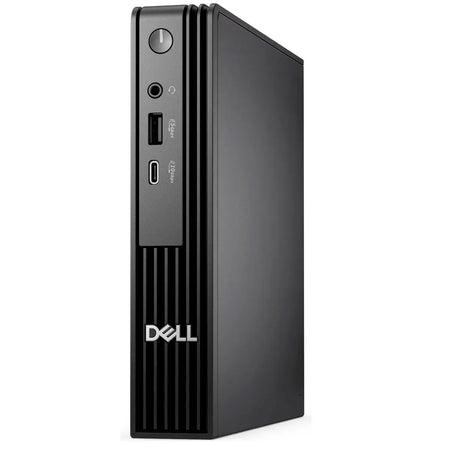 a black Dell computer tower with a vertical design and a few ports on the front.