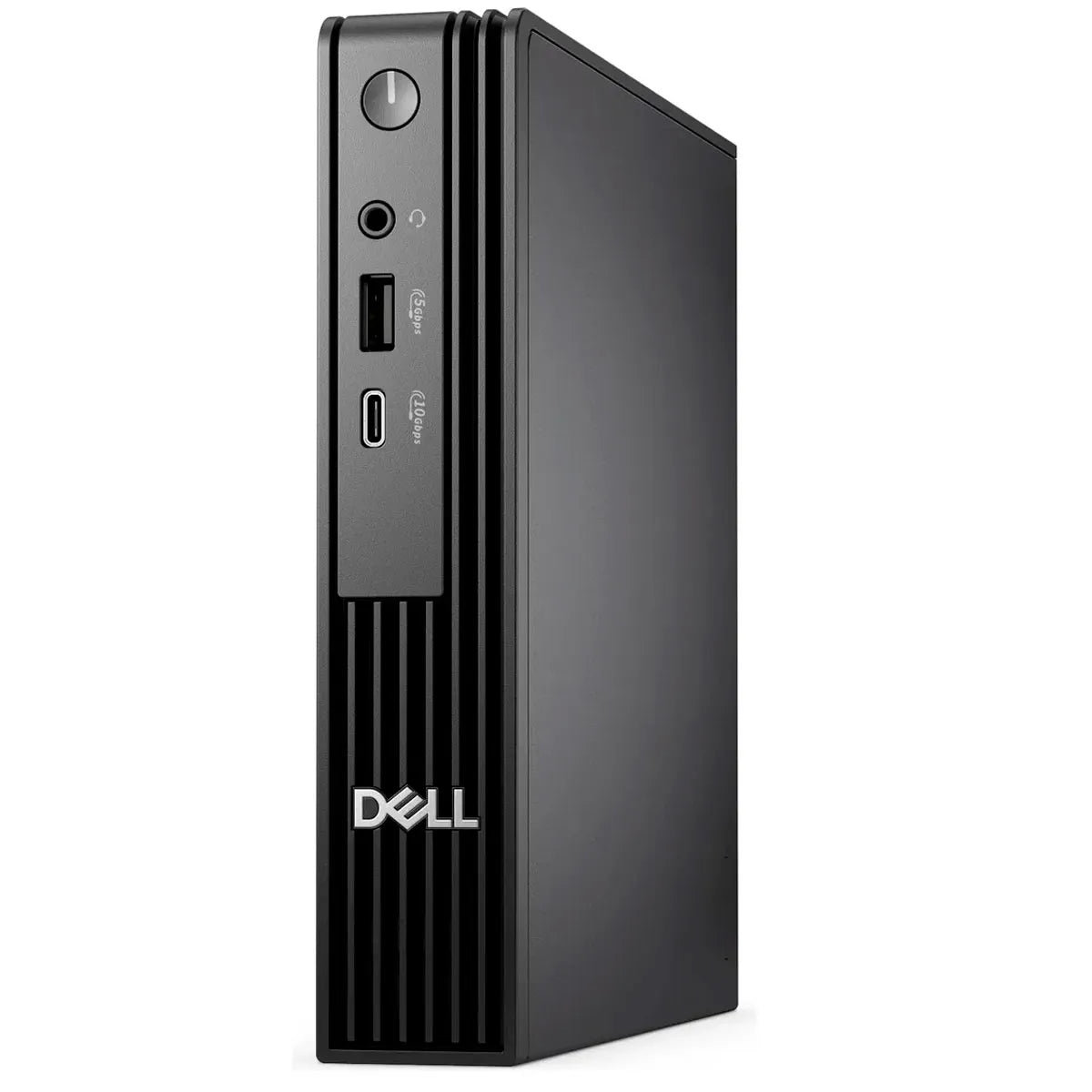 a black Dell computer tower with a vertical design and a few ports on the front.