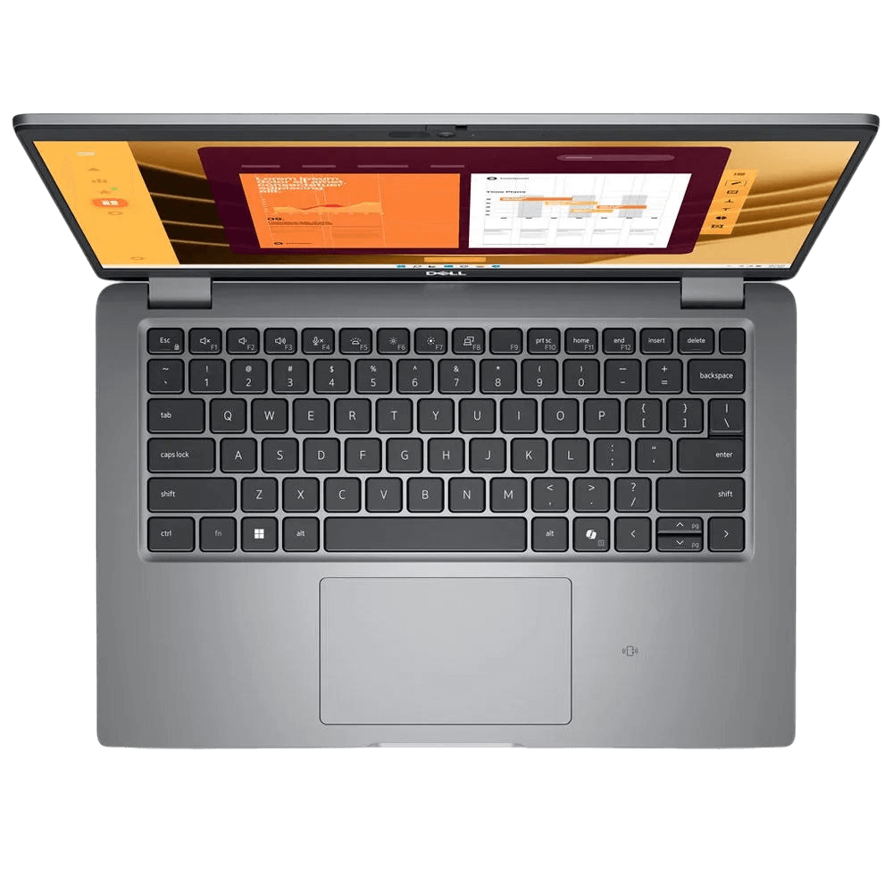 Top view of Dell CSG Latitude 5450 laptop with Intel Core Ultra 5, 8GB RAM, and 512GB SSD, showcasing keyboard and screen.