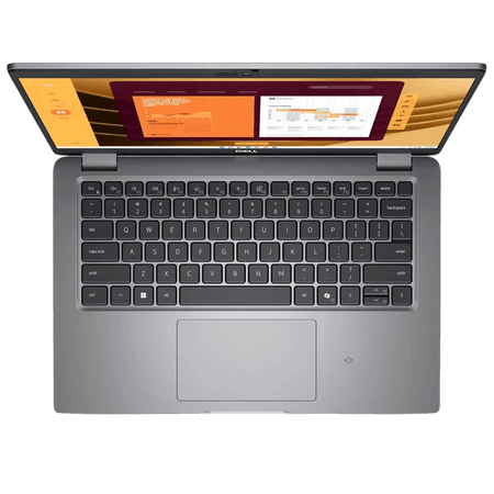 Top view of Dell CSG Latitude 5450 laptop with Intel Core Ultra 5, 8GB RAM, and 512GB SSD, showcasing keyboard and screen.