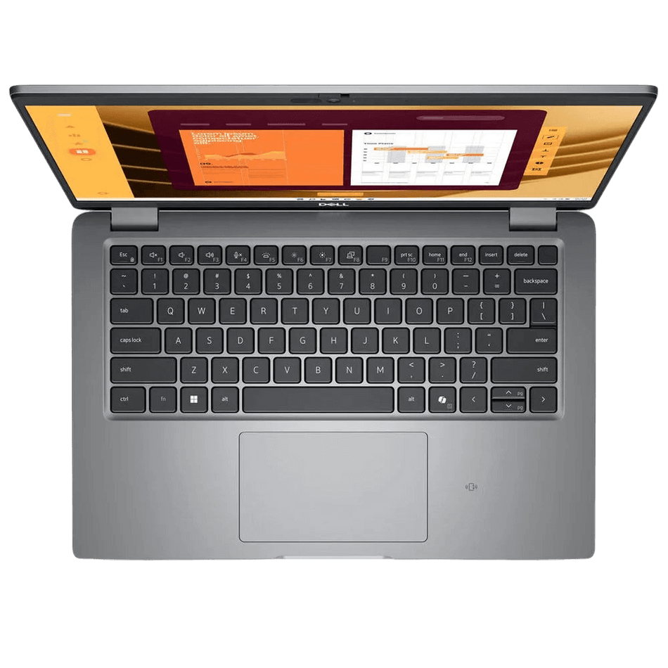Top view of Dell CSG Latitude 5450 laptop with Intel Core Ultra 5, 8GB RAM, and 512GB SSD, showcasing keyboard and screen.