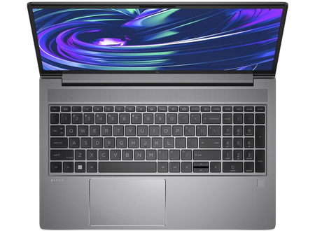 an open laptop with a silver keyboard and a large, colorful display screen.