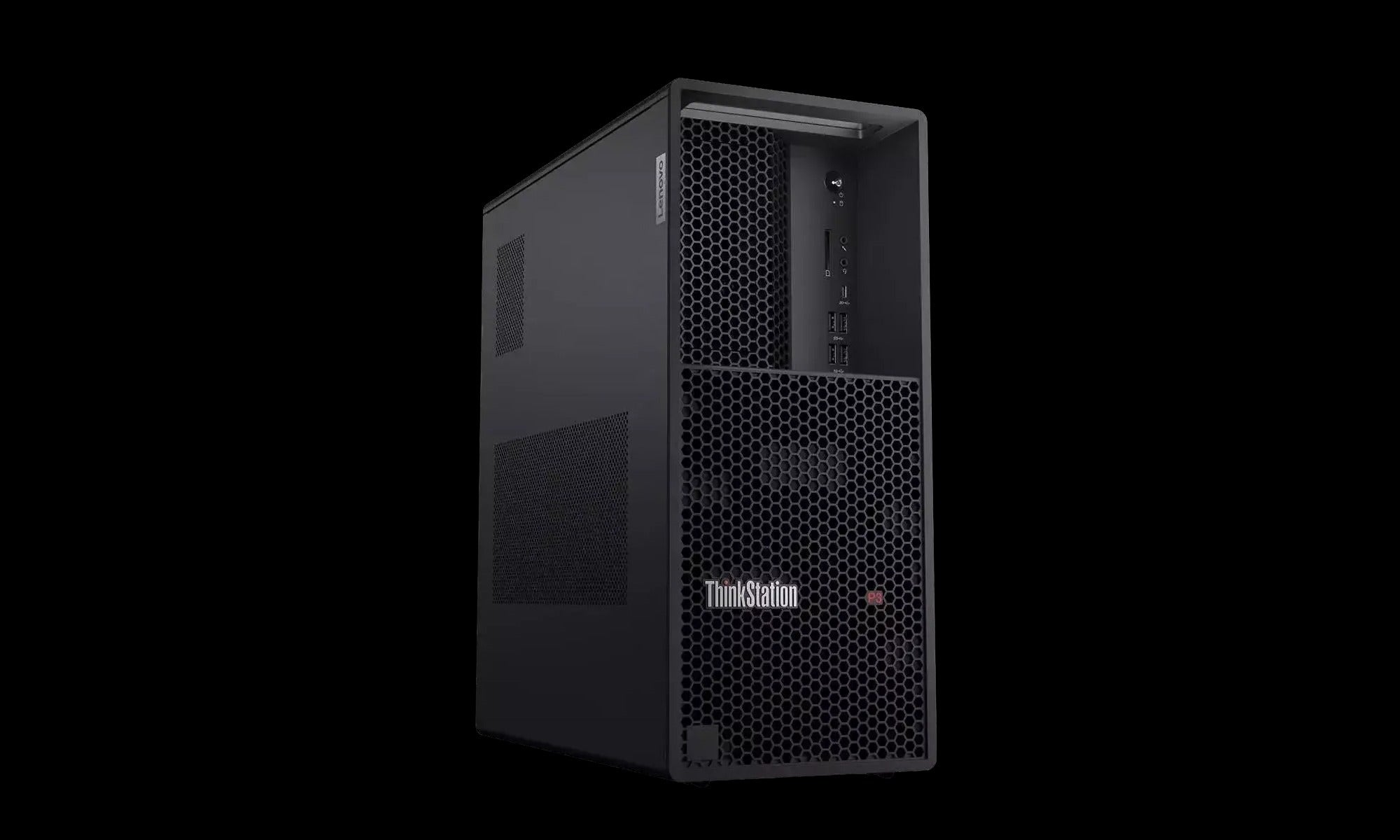 A black ThinkStron computer tower with a visible front panel and a visible side panel.