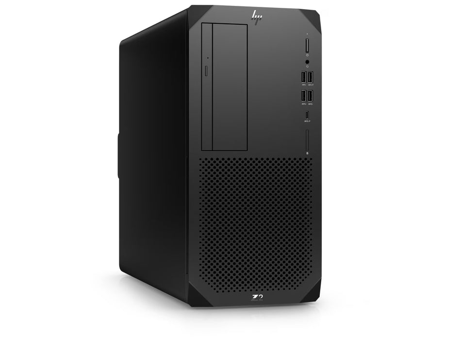 a black computer tower with a speaker and ports on the front.