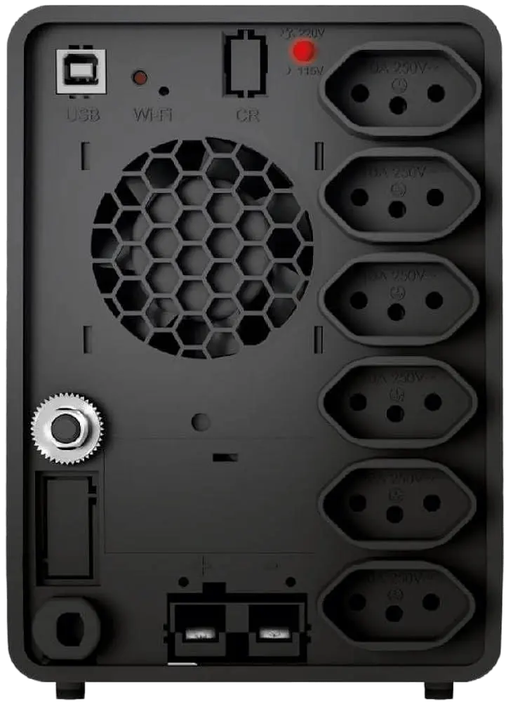 Nobreak SMS Premium 700 back view showing ports, USB, Wi-Fi, and multiple outputs for power connectivity.
