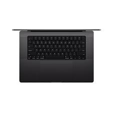 the back of a black laptop computer with a keyboard and trackpad.