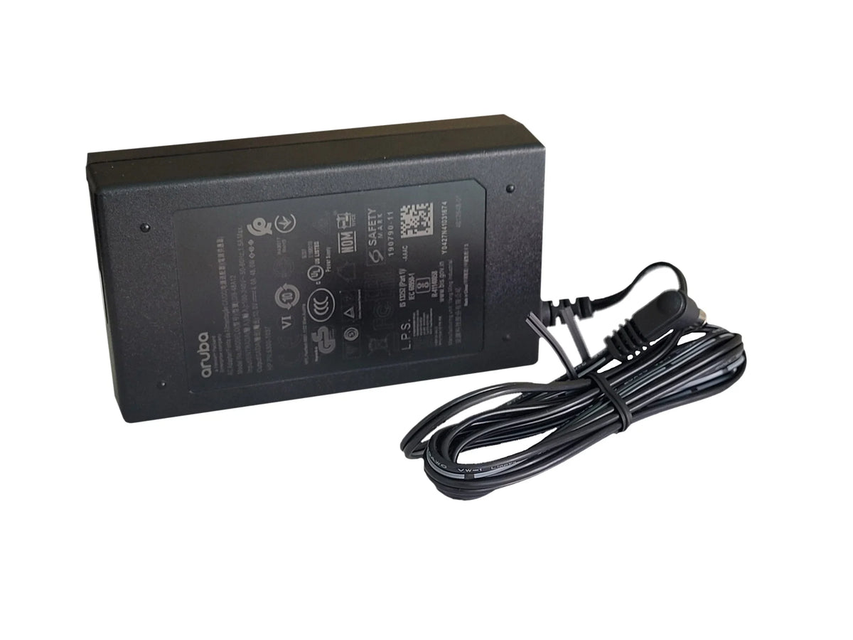 a black power adapter with a black cord, sitting on a white background.