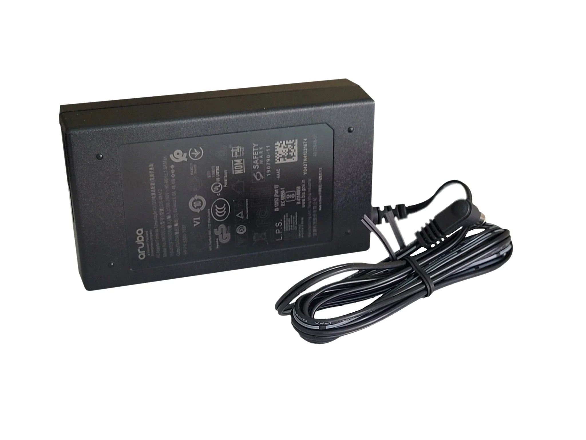 a black power adapter with a black cord, sitting on a white background.