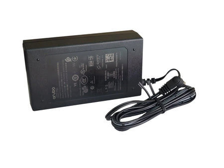 a black power adapter with a black cord, sitting on a white background.