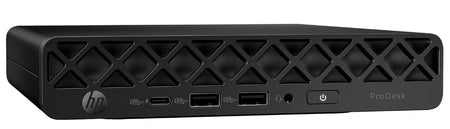 a black HP ProDesk computer system, which is a compact and portable desktop computer.
