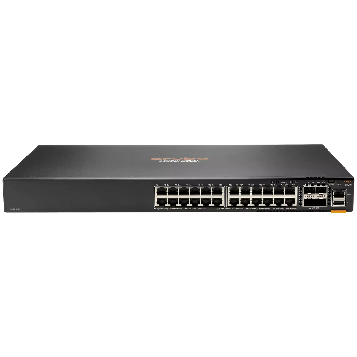 a black electronic device with a row of ports on the front, likely a networking device or a computer.