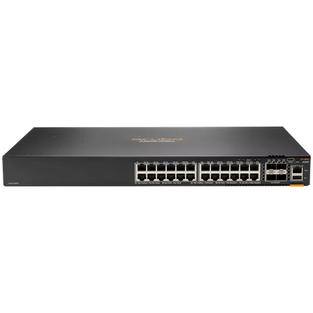 a black electronic device with a row of ports on the front, likely a networking device or a computer.