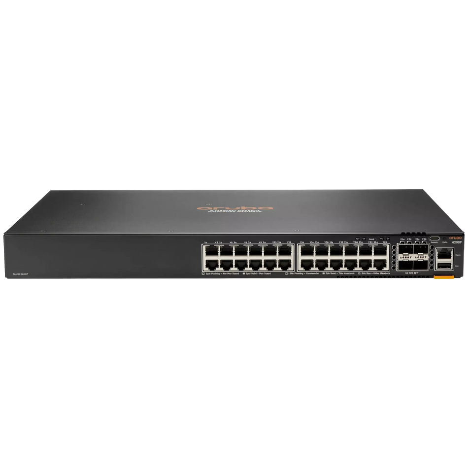 a black electronic device with a row of ports on the front, likely a networking device or a computer.