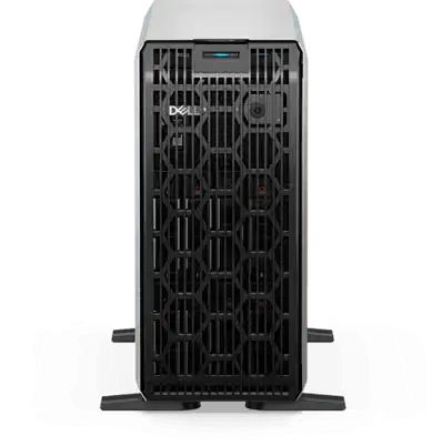 A Dell computer tower with a black and white color scheme, featuring a large fan grill and a camera on the front.