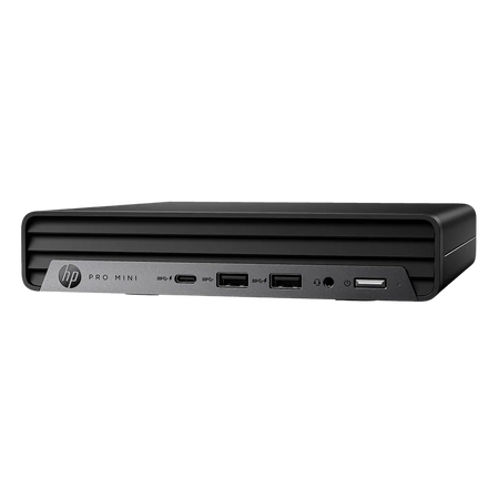 a black HP Pro Mini computer system with various ports and connections visible.