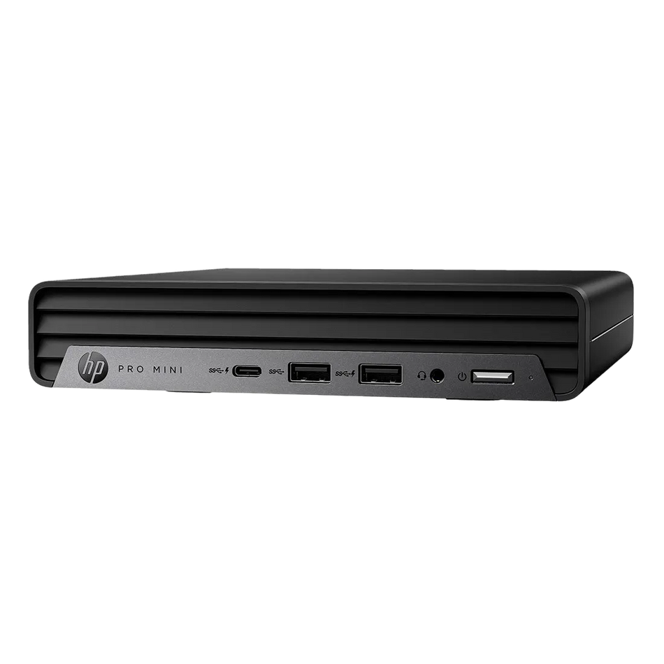 a black HP Pro Mini computer system with various ports and connections visible.