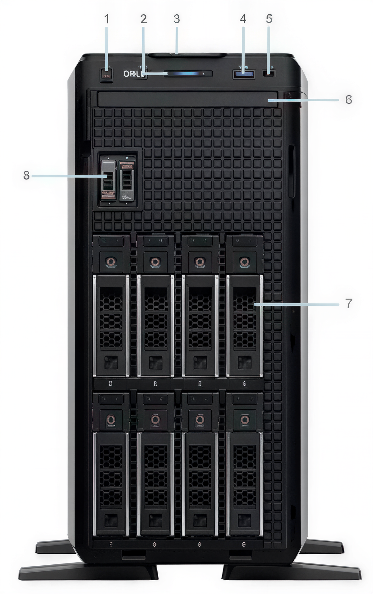 a Dell server rack with multiple racks and servers, including a central server with a blue light on top.