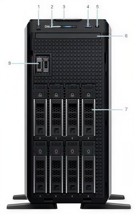 a Dell server rack with multiple racks and servers, including a central server with a blue light on top.