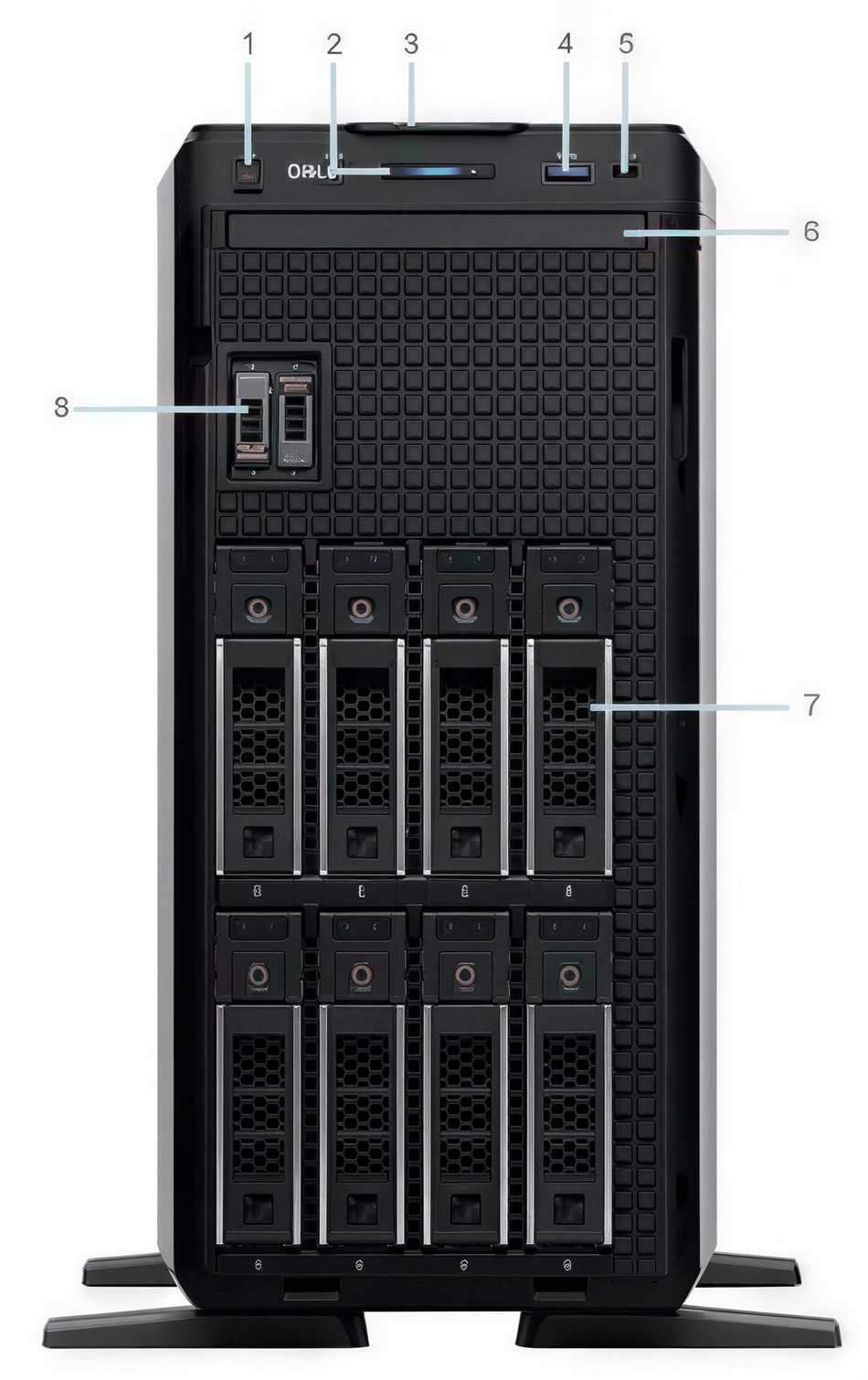 a Dell server rack with multiple racks and servers, including a central server with a blue light on top.