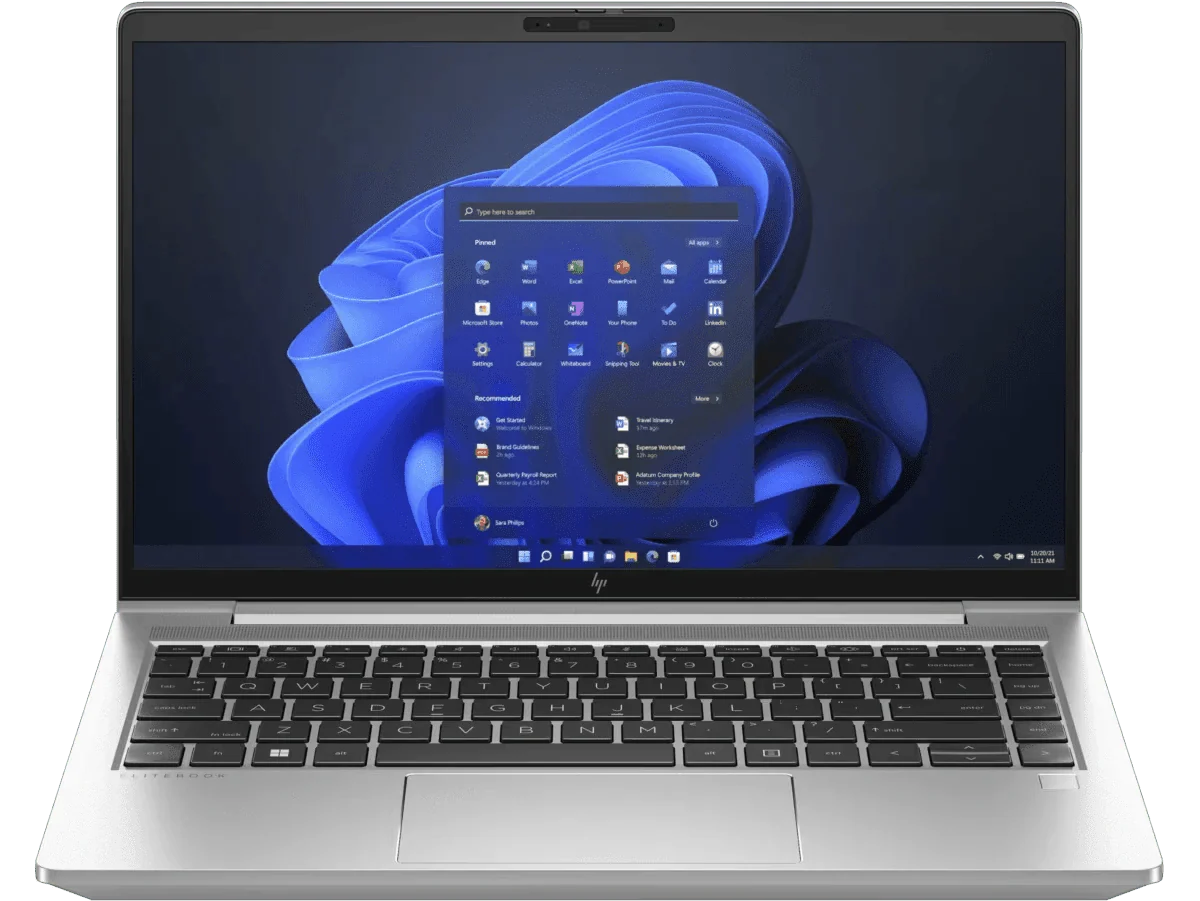 a silver laptop with a large screen displaying a blue and white Windows operating system interface.