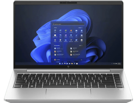 a silver laptop with a large screen displaying a blue and white Windows operating system interface.