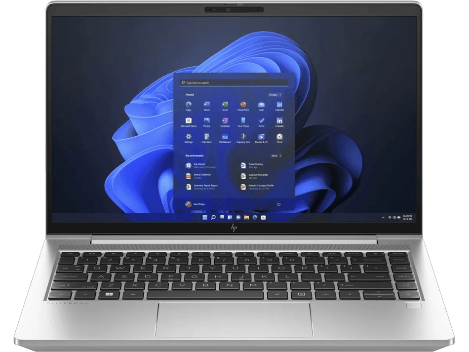 a silver laptop with a large screen displaying a blue and white Windows operating system interface.