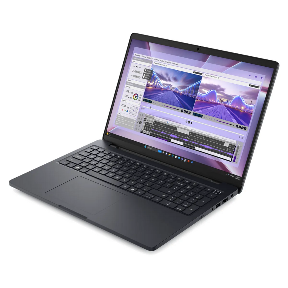 an open laptop with a large screen displaying a video editing software interface.