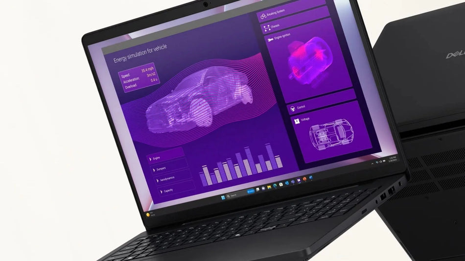 a laptop screen with a purple and black interface, featuring a car simulation and various data visualizations.
