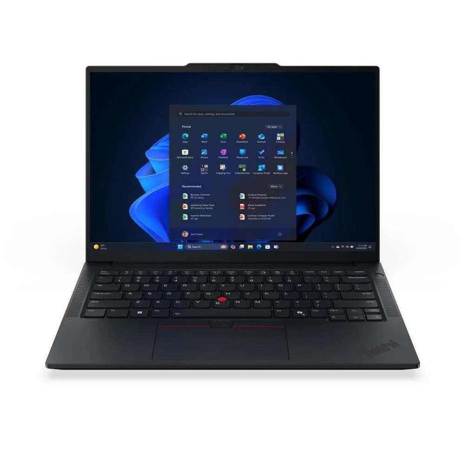 a black laptop computer with a large screen displaying a blue and black interface with various icons and applications.