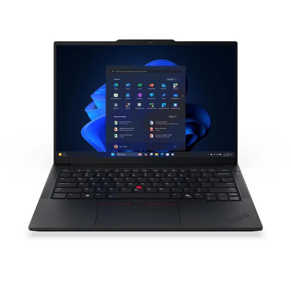 a black laptop computer with a large screen displaying a blue and black interface with various icons and applications.