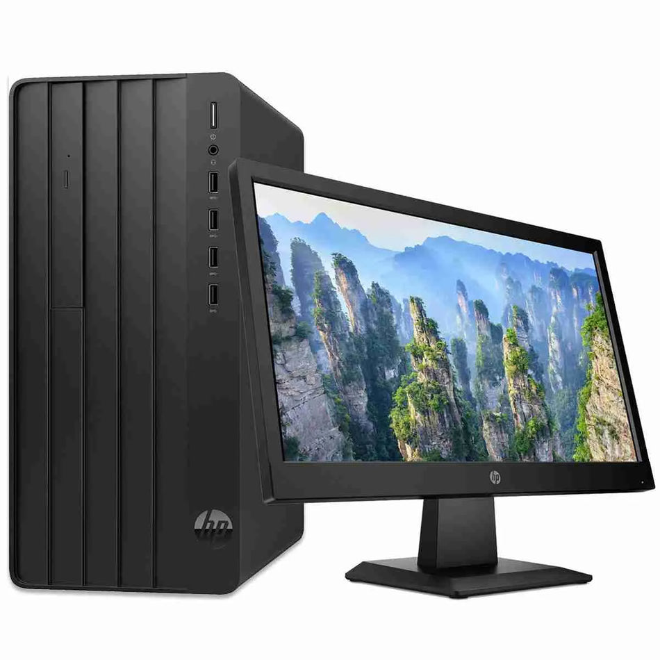 a black HP desktop computer with a large monitor displaying a scenic mountain landscape.
