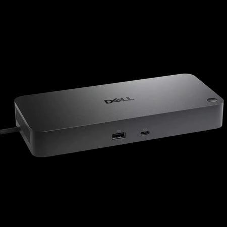 A black Dell computer docking station with two USB ports on the front.