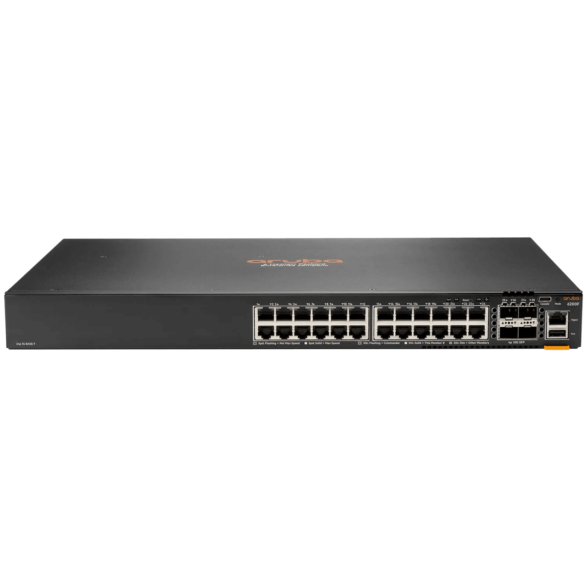 ARUBA 6100 24G 4SFP+ Switch front view with multiple Ethernet ports and SFP+ slots.
