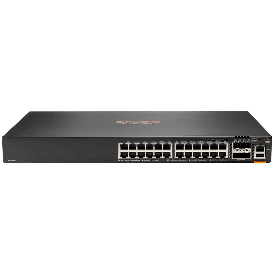 ARUBA 6100 24G 4SFP+ Switch front view with multiple Ethernet ports and SFP+ slots.