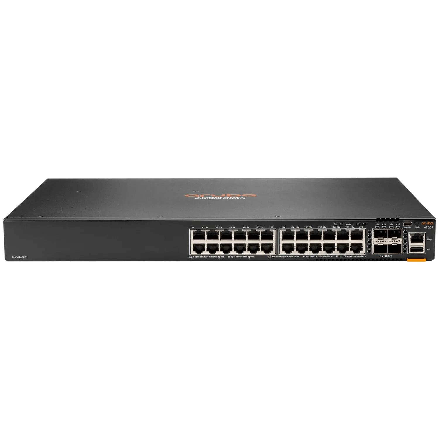 ARUBA 6300F 24G 4SFP56 network switch with 24 Ethernet ports and compact design.