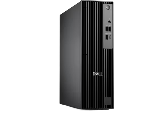 A black Dell computer tower with vertical slats and a power button on the top.