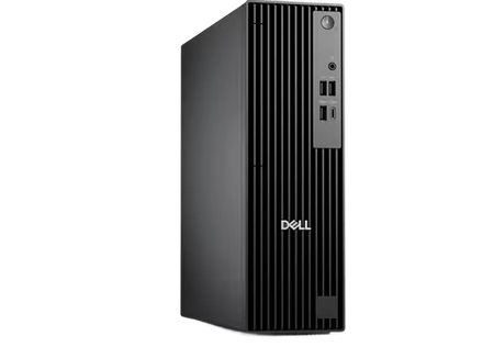 A black Dell computer tower with vertical slats and a power button on the top.
