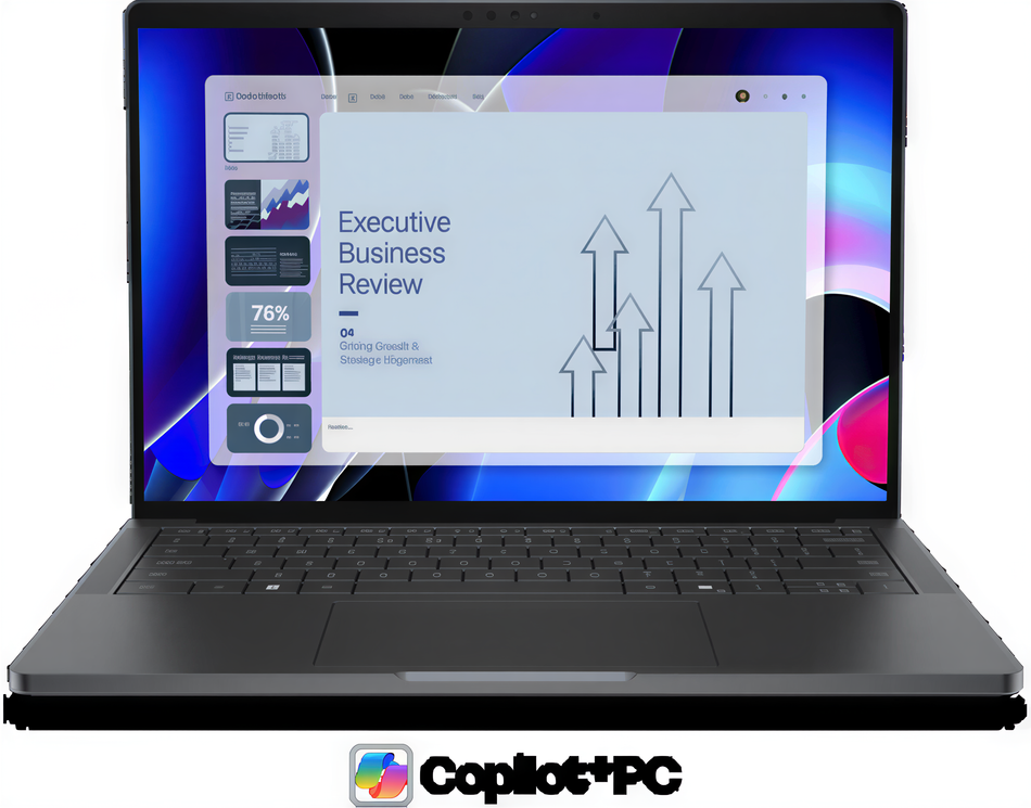 a laptop screen with a presentation slide titled "Executive Business Review" and a graph with upward-pointing arrows.