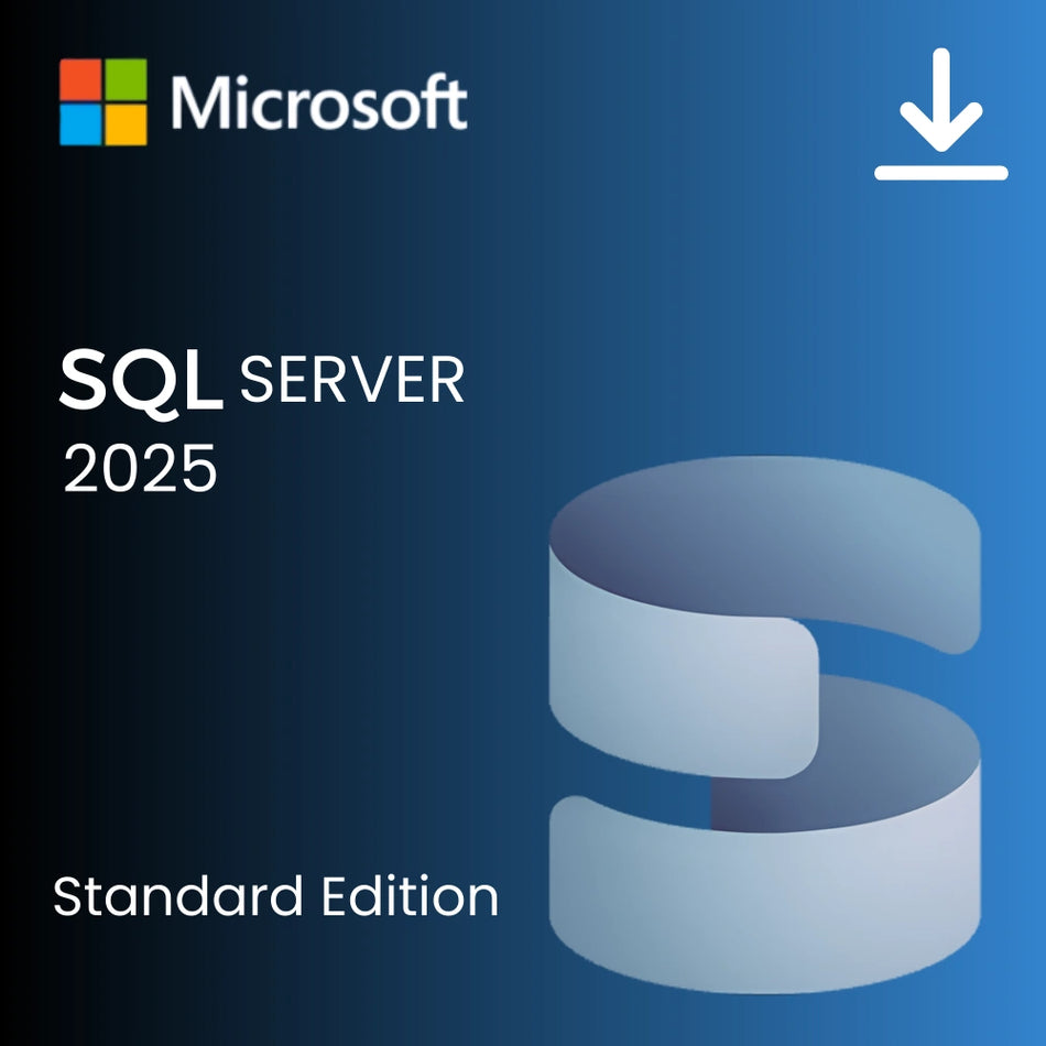 The image is a Microsoft SQL Server 2025 Standard Edition package, featuring the Microsoft logo and a stylized letter 'S' on a blue background.