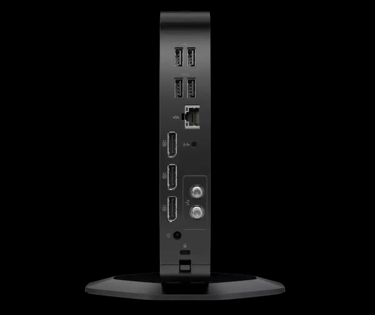 the back of a black electronic device, likely a computer or gaming console, with various ports and connections visible.