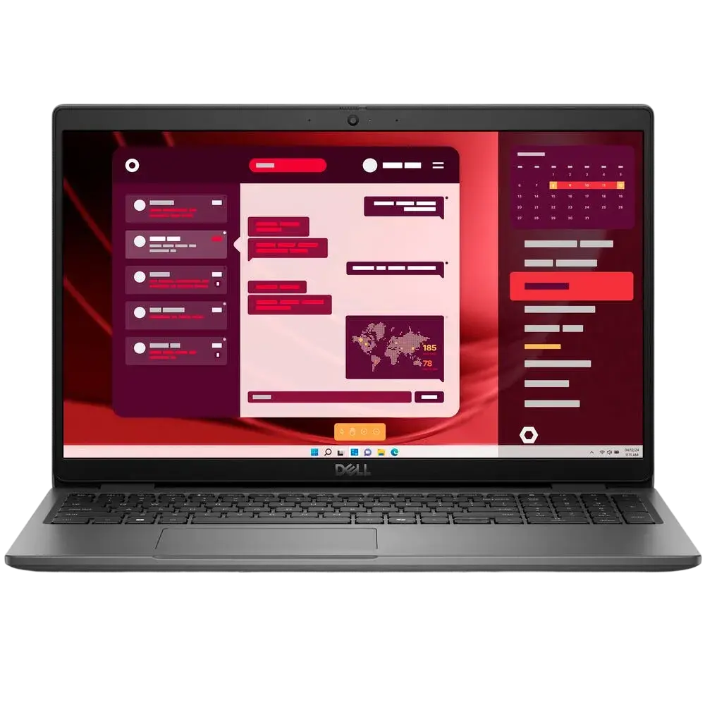 a laptop screen with a chat interface and various icons, including a calendar and a map. The laptop is a Dell laptop.