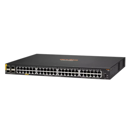 a black and gray networking device, likely a router or switch, with multiple ports and connections.