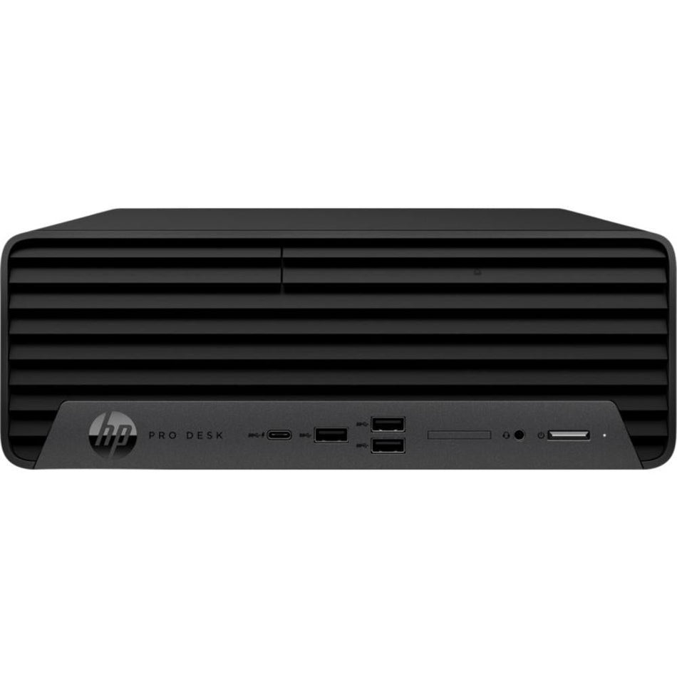 a black HP Pro Desk computer tower.