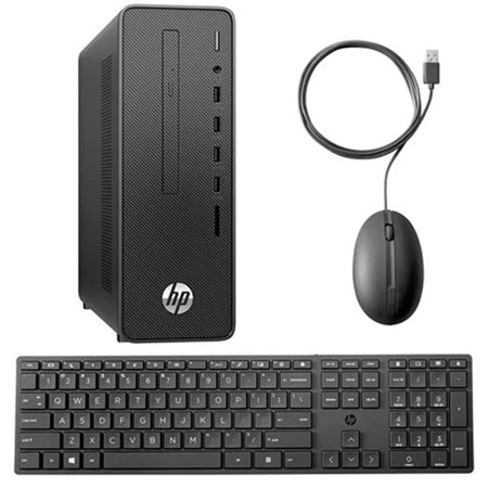 a black HP desktop computer tower, a black keyboard, and a black mouse.
