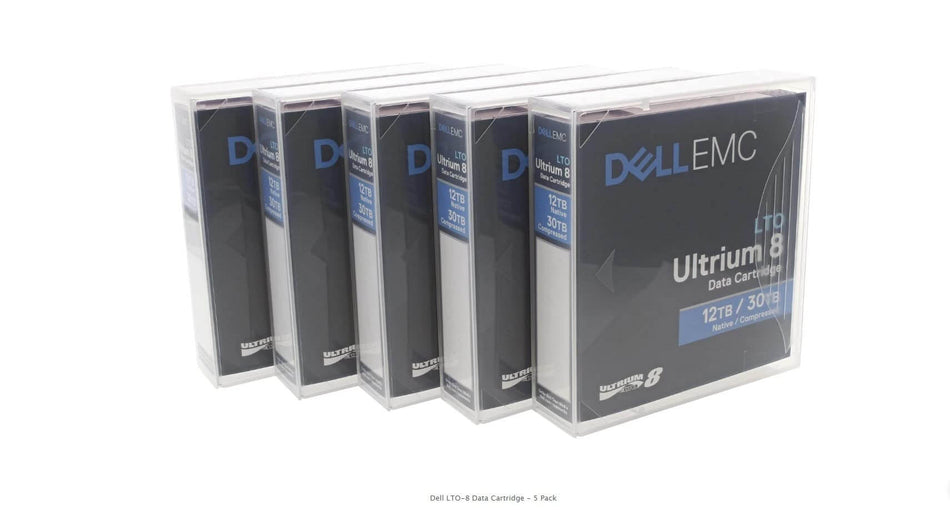 Cartucho de fita Dell LTO8 Ultrium 8, 1 pacote com 5 unidades, capacidade de 12 TB e comprimida de 30 TB, armazenamento confiável.