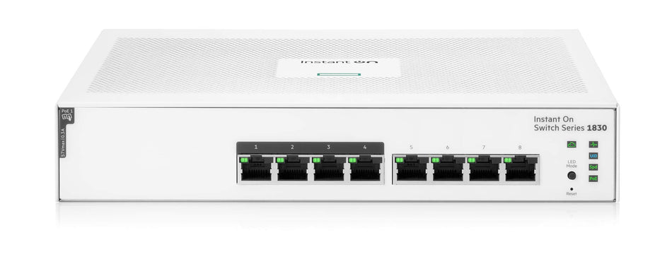 HPE Networking Instant On Switch 8p Gigabit 1430, compact design, ideal for small business networks, plug and play simplicity.