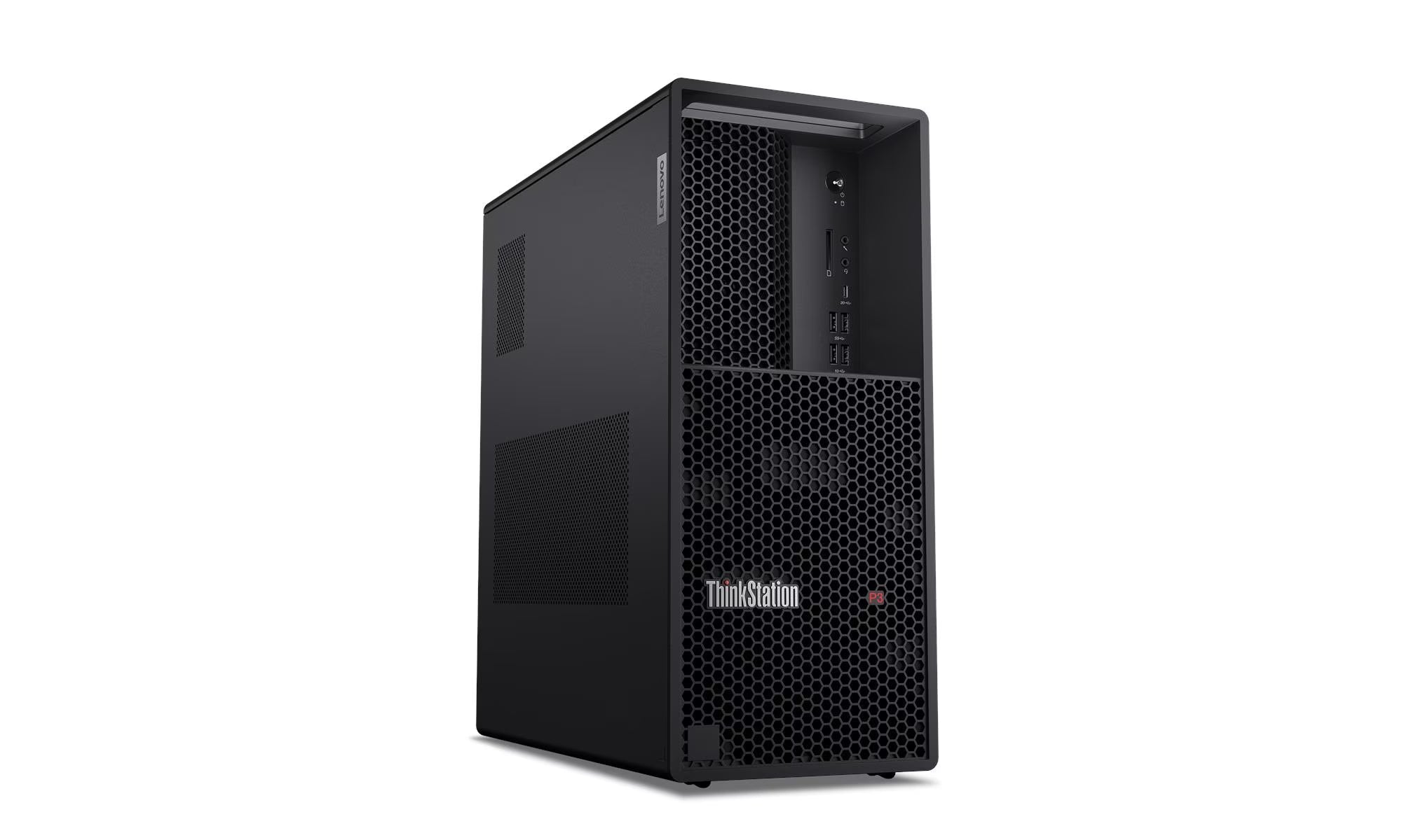 A black ThinkStron computer tower with a visible front panel and a visible side panel.